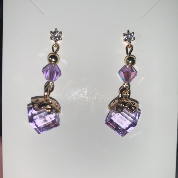 Cubic Zirconia Post Stud With Dangling Drop Purple Cubic Crystal Pendant - Picture 7 of 15